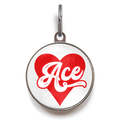 Ace of Hearts Dog Tag.  Red Ace of Hearts sits against a white background with the name Ace written across the front. 