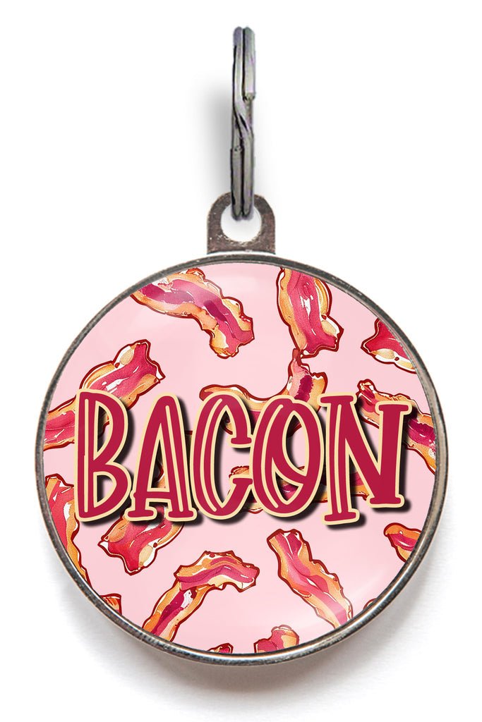 Bacon-themed dog name tag with custom back for cats and dogs, ideal for food-loving pets