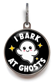Funny Halloween dog ID tag with smiling ghost and text “I Bark at Ghosts”