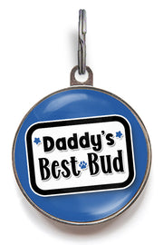 Funny dog tag that reads “Daddy’s Best Bud” – personalised best friend pet ID tag for dogs and cats with custom name and contact info