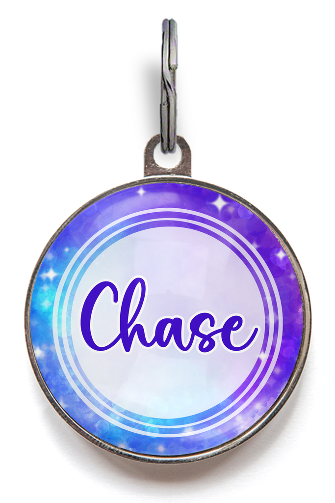 Blue galaxy pet tag with custom pet name “Chase” on front – space-themed dog or cat tag with personalisable back
