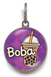 Boba tea dog tag featuring a cute bubble tea design – available in brown, purple, green, and pink – personalised ID tag for dogs and cats