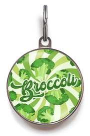 Custom broccoli dog tag with green swirl background and printed design
