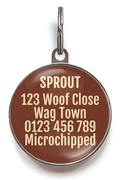 Back of chocolate bar pet tag - add up to 5 lines of text for your pet's important info