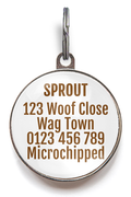 Back of coconut pet tag, add up to 5 lines of contact information