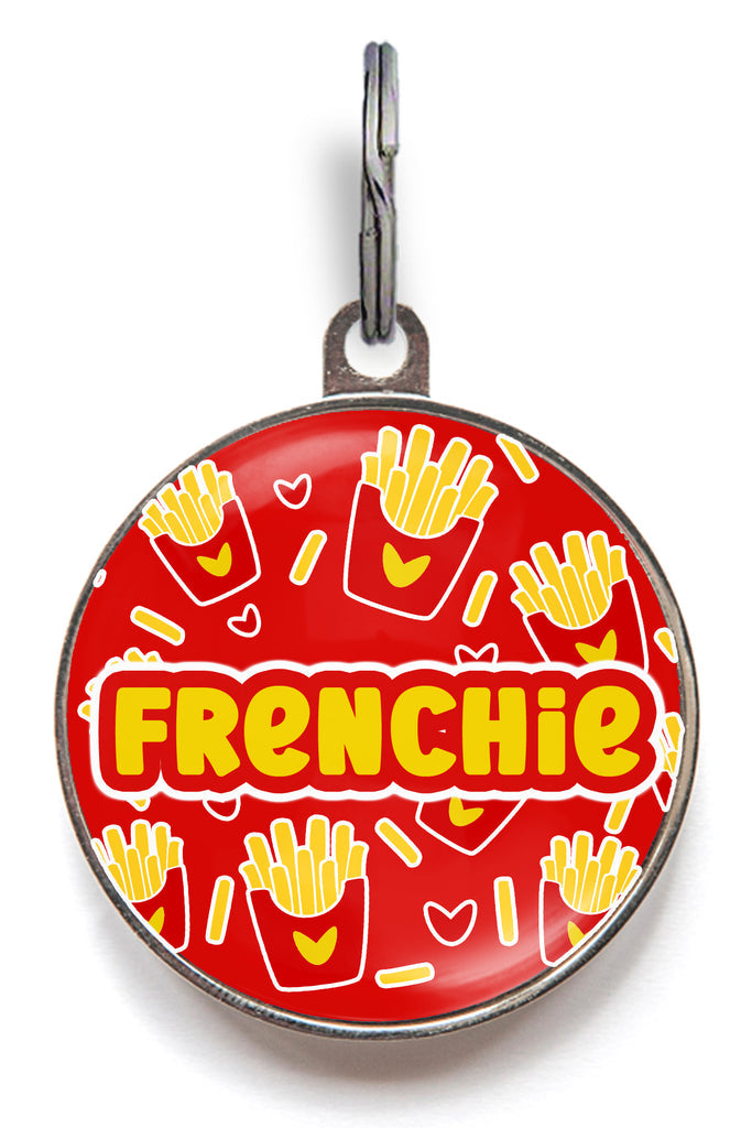 French Fries Pet Tag. Red pet tag with scattered French fries and “Frenchie” text – customisable name and contact info for dogs and cats.