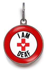 Red and white “I Am Deaf” medical alert dog or cat tag with heart and cross design