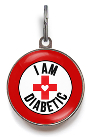Red and white “I Am Diabetic” pet tag for diabetic dogs and cats with customisable back