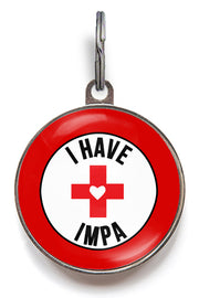 Personalised IMPA medical alert dog tag for immunosuppressed cats and dogs with custom contact info