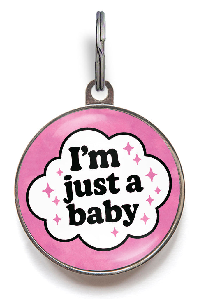 Funny dog tag with pink background and the phrase “I’m just a baby” – personalised baby pet tag for dogs and cats