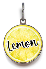 Bright yellow lemon slice pet tag with personalised name – citrus-themed dog or cat ID tag with customisable back