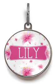 Pink lily floral pet tag with name “Lily” on front – personalised dog or cat ID tag with customisable contact info on back