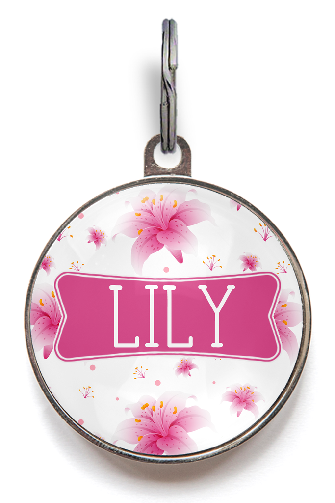 Pink lily floral pet tag with name “Lily” on front – personalised dog or cat ID tag with customisable contact info on back