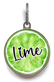 Lime slice pet tag with personalised pet name – citrus fruit-themed dog or cat ID tag with custom back