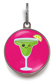 Margarita dog tag with hot pink background and winking cocktail glass – personalised cocktail-themed ID tag for dogs and cats