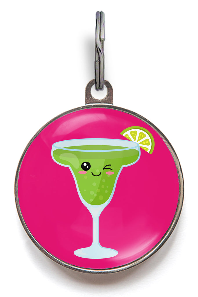 Margarita dog tag with hot pink background and winking cocktail glass – personalised cocktail-themed ID tag for dogs and cats