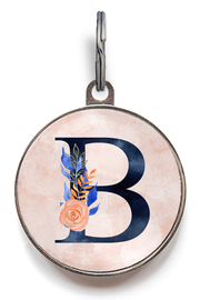 Personalised peach and navy monogram dog tag with floral initial for cats and dogs