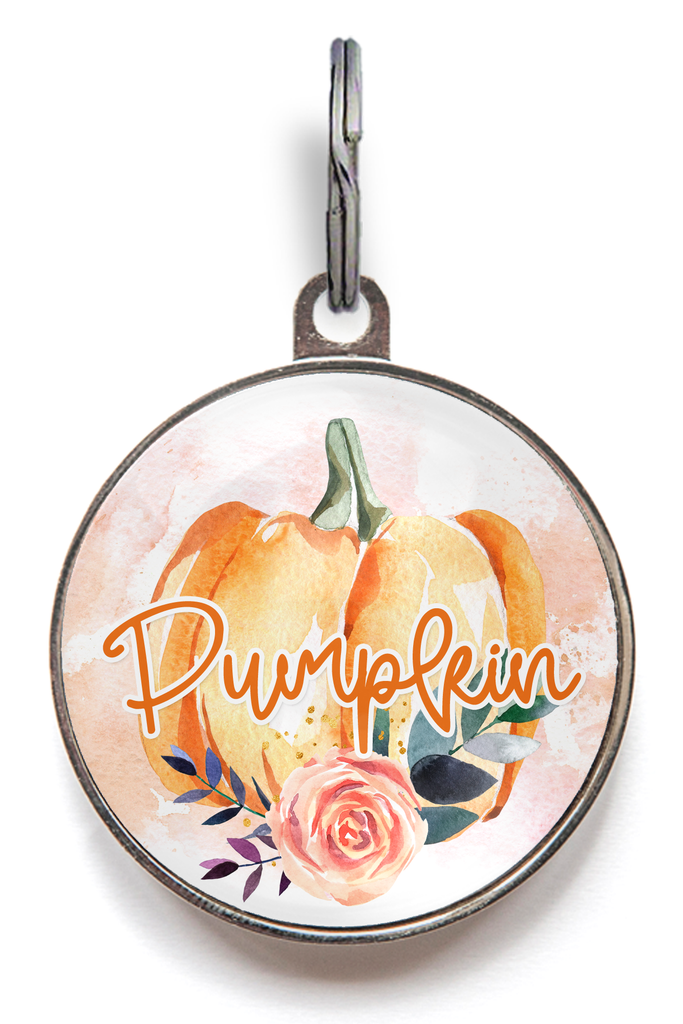 Pretty pumpkin pet tag with flower design and personalised name – autumn dog or cat tag with custom contact info on back