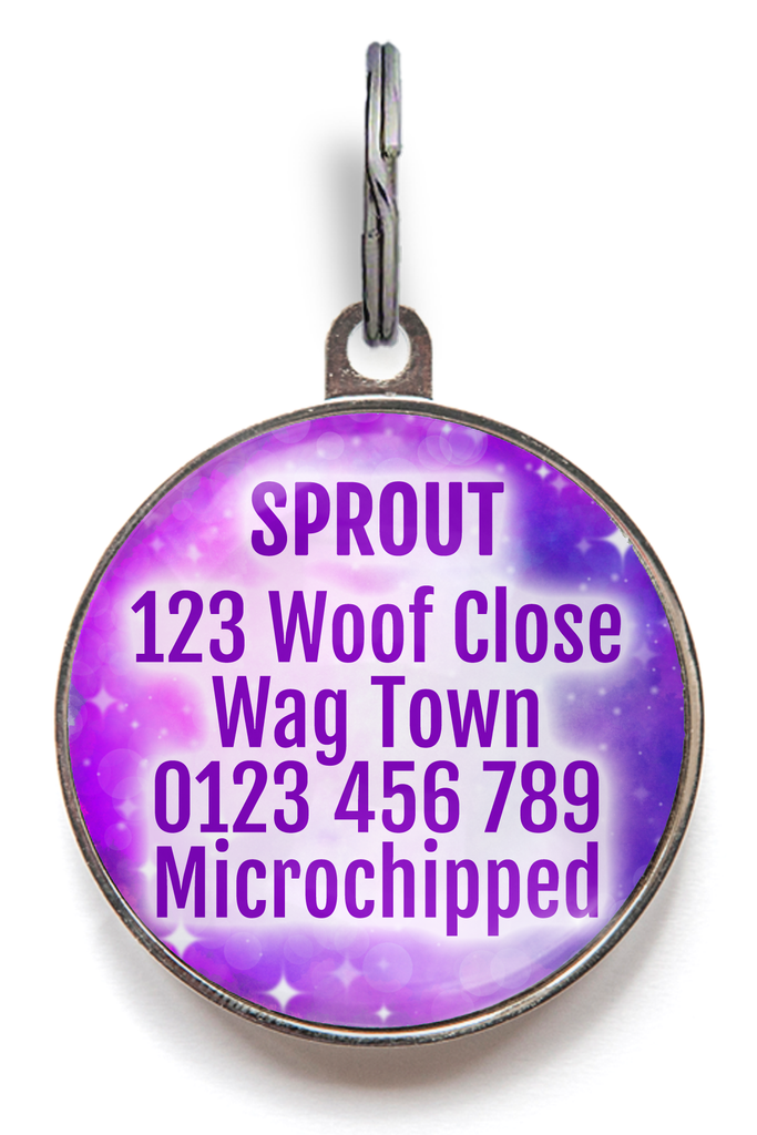Purple galactic dog tag back - personalise with up to 5 lines of text.