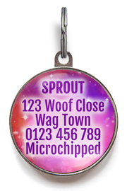 Back of red and purple galactic dog tag. Can be personalised with up to 5 lines of text.