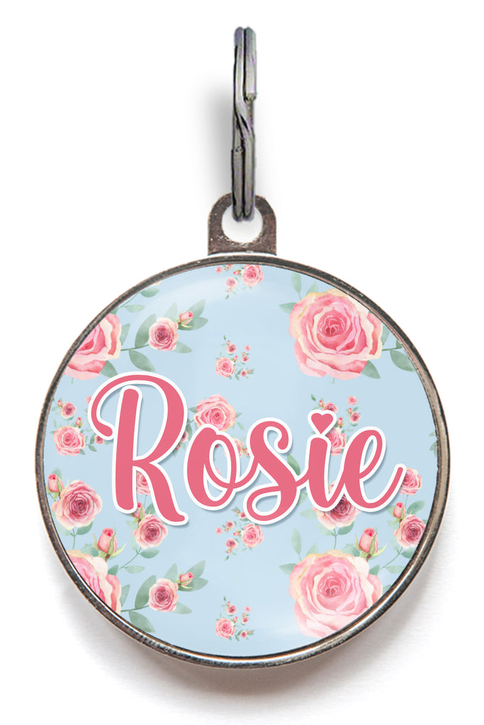 Rose dog tag with soft floral design and custom pet name – personalised rose-themed ID tag for dogs and cats