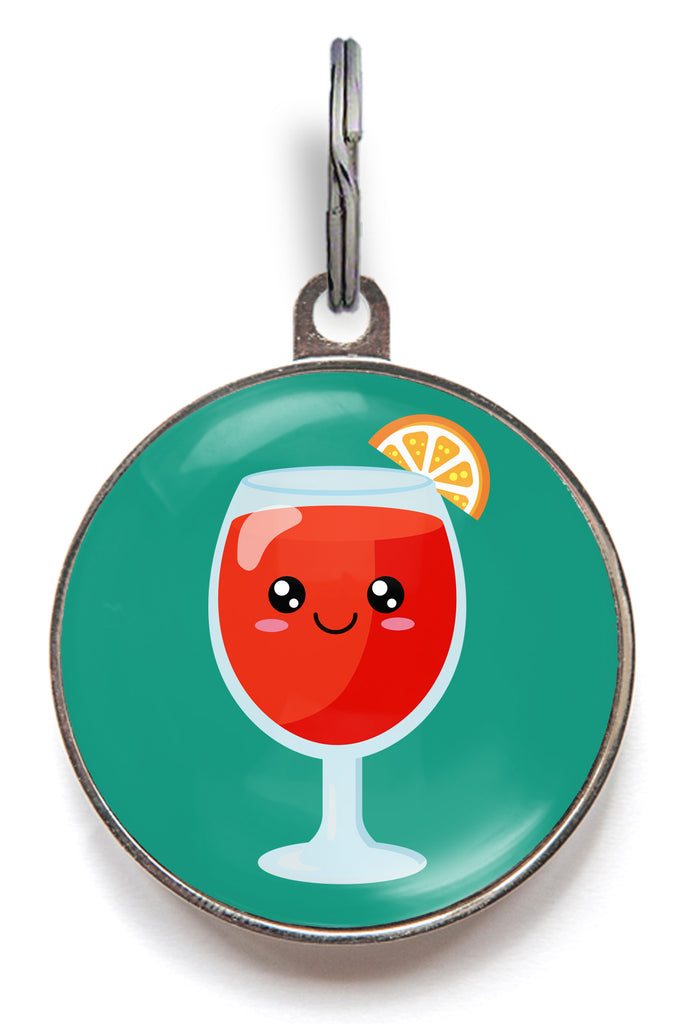 Sangria dog tag with cute cartoon cocktail glass and orange slice on teal background – personalised cocktail-themed pet ID tag