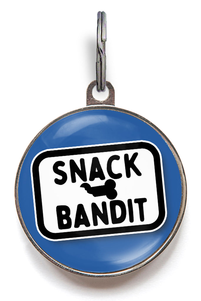 Funny dog tag that reads "Snack Bandit" – personalised pet tag for dogs and cats who love treats.