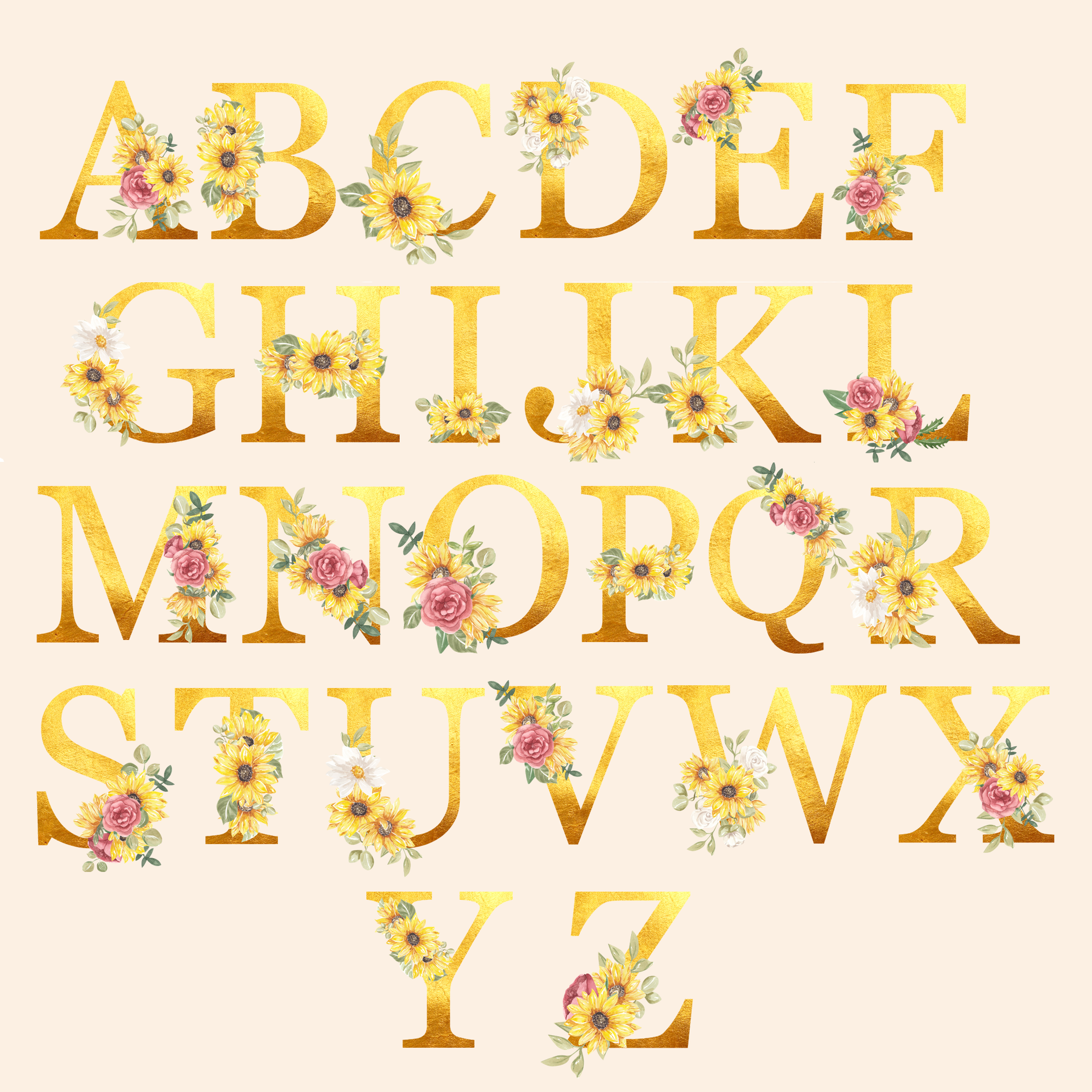 Sunflower monogram dog tag - Alphabet showing how each Sunflower monogram letter looks
