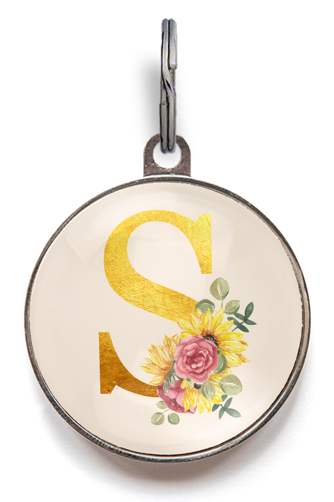 Floral pet tag with gold monogram "S", sunflower and rose design, personalised name and info for dogs and cats