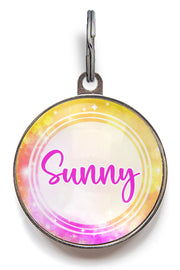 Sunset galaxy pet tag with pink and yellow design and custom name “Sunny” – personalised ID tag for cats or dogs