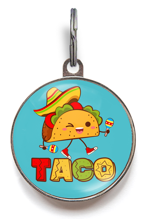 Taco Pet Tag - Sombrero clad taco playing maracas against a colourful background. Keep your pet safe while getting the party started, mexican fiesta style!