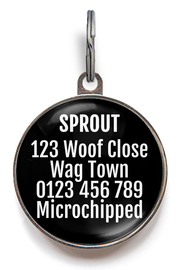 Back of black pet tag
