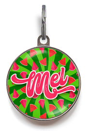 Custom watermelon dog tag with green swirl and pink fruit slices – fun fruit dog tag for pets