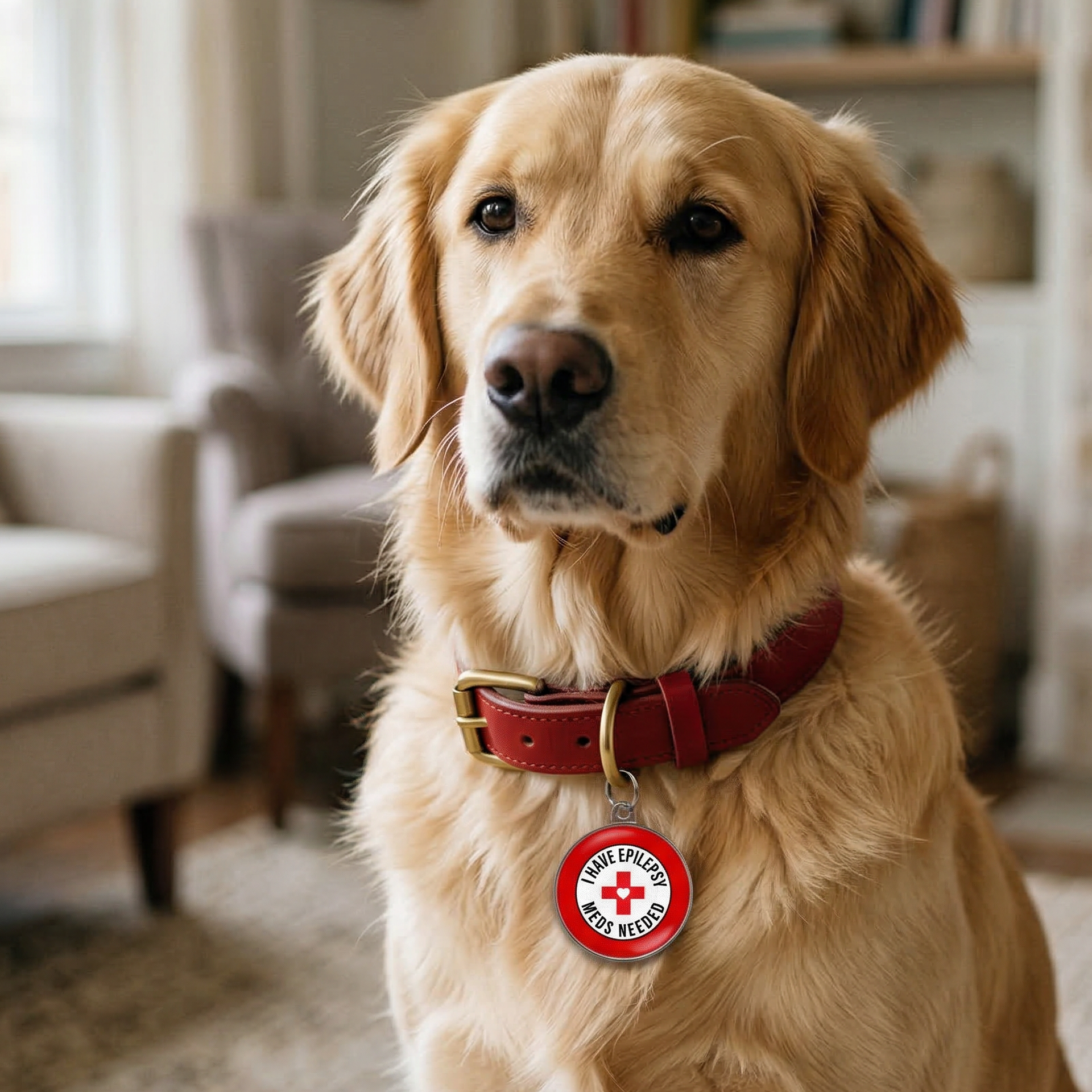 Golden retriever wearing an epilepsy dog tag with red cross for easy identification