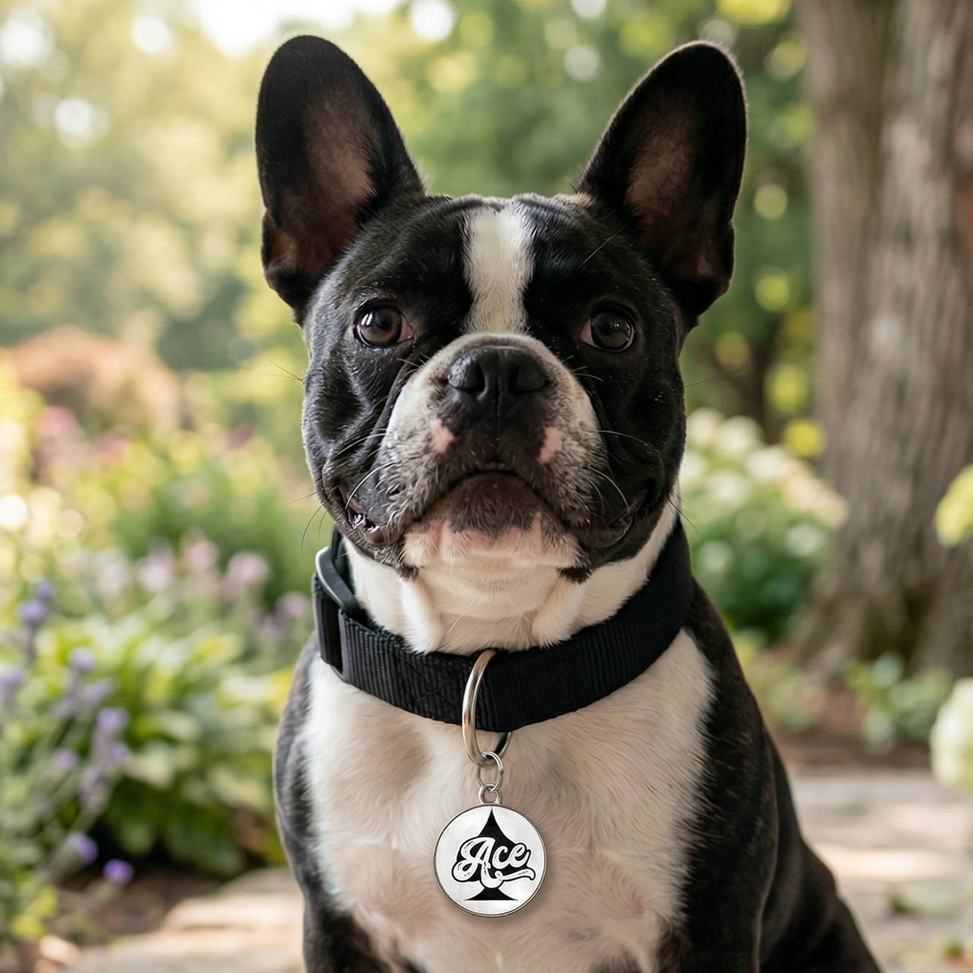 Black and white french bulldog wearing a custom Ace dog name tag.