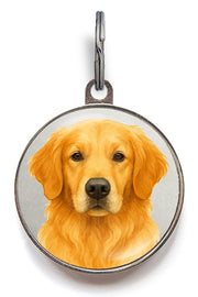 Golden Retriever ID tag for dogs – metal design with custom contact info on back and realistic breed artwork on front