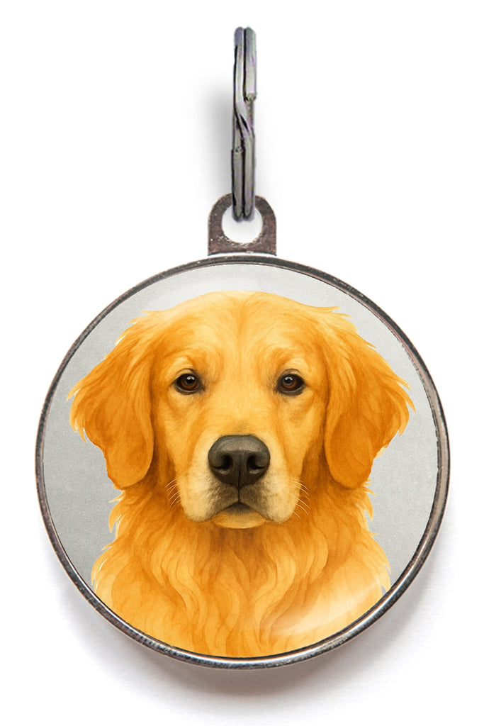 Golden Retriever ID tag for dogs – metal design with custom contact info on back and realistic breed artwork on front