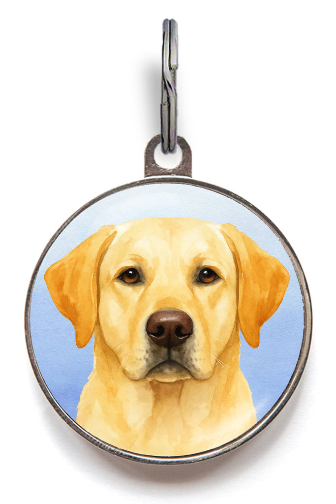 Yellow Labrador dog ID tag with watercolor-style portrait on blue background, metal pet tag for labs