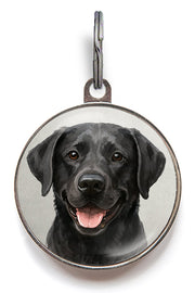 Detailed Black Lab name tag with double-sided design, showing custom contact info on the reverse