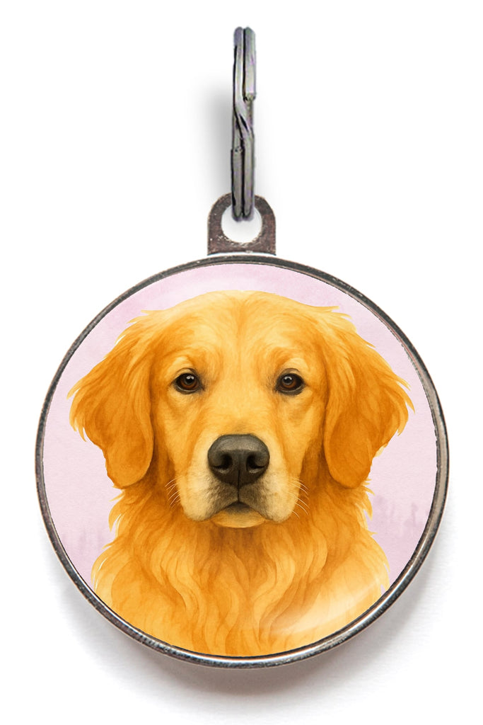 Personalised Golden Retriever dog tag – waterproof, wipe-clean pet ID disc with front breed design and back details