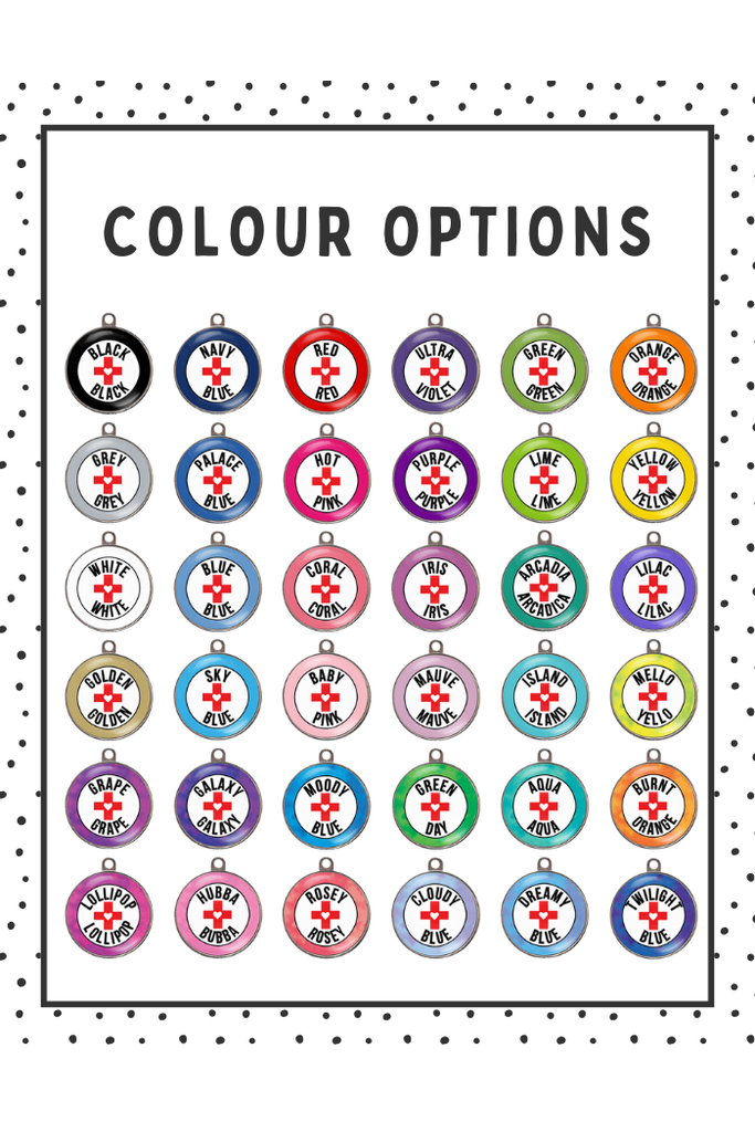 allergy dog ID tag colour options chart showing 36 colour choice