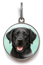 Customisable Black Labrador Retriever pet tag, dome-coated metal with soft watercolor illustration, large size shown