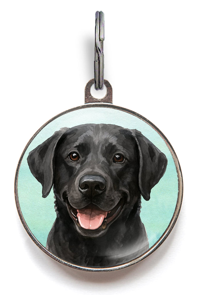 Customisable Black Labrador Retriever pet tag, dome-coated metal with soft watercolor illustration, large size shown