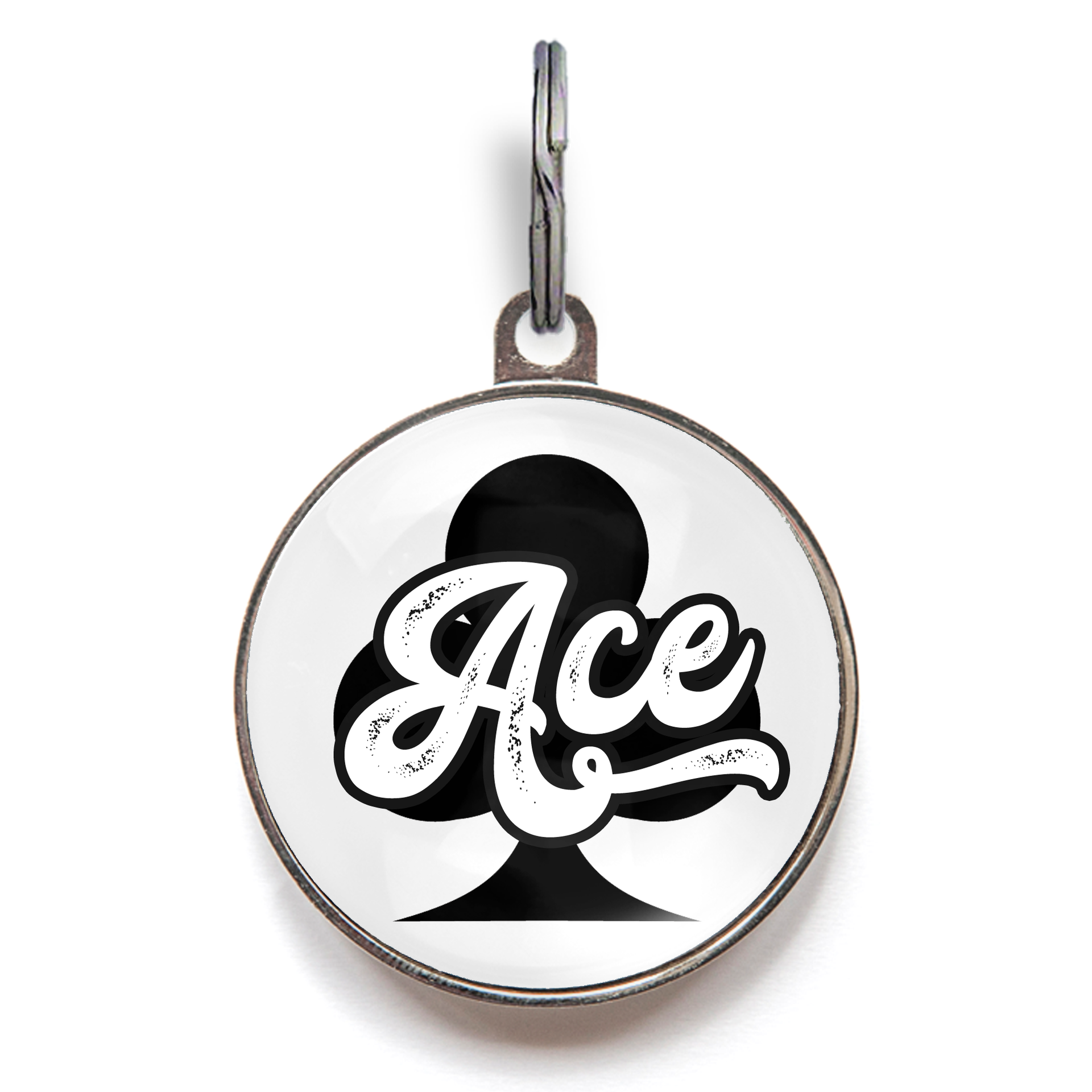 Ace of Clubs Dog Tag.  Black Ace of Clubs sits against a white background with the name Ace written across the front. 