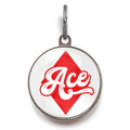 Ace of Diamonds Dog Tag.  Red Ace of Diamonds sits against a white background with the name Ace written across the front. 
