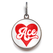 Ace of Hearts Dog Tag.  Red Ace of Hearts sits against a white background with the name Ace written across the front. 