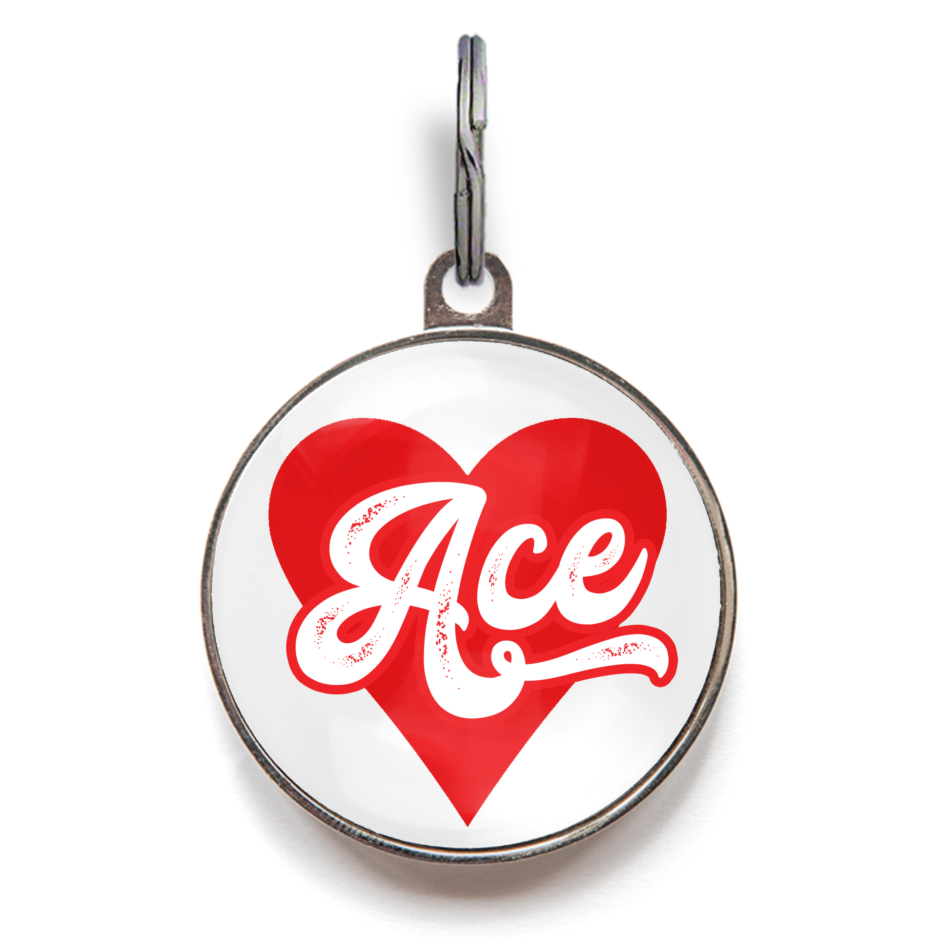 Ace of Hearts Dog Tag.  Red Ace of Hearts sits against a white background with the name Ace written across the front. 