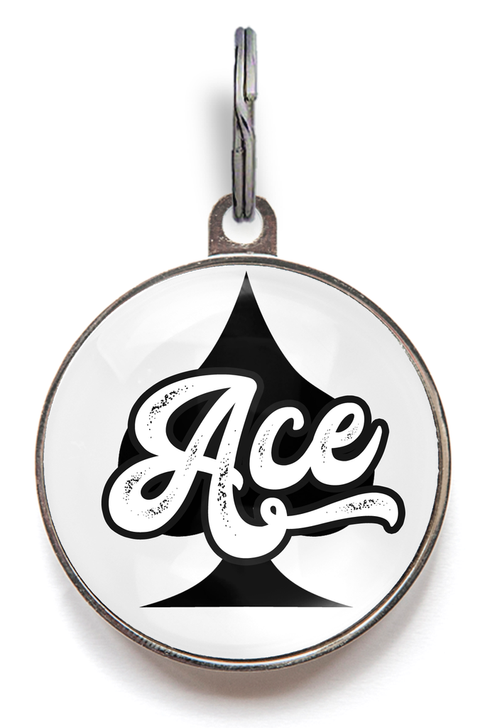 Ace Pet Tag. Ace of Spades Dog Tag.  Black Ace of Spades sits against a white background with the name Ace written across the front. 