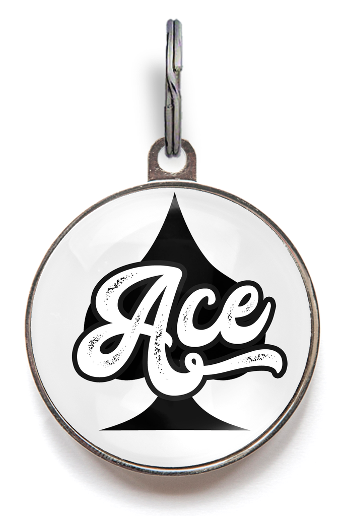 Ace of Spades Dog Tag.  Black Ace of Spades sits against a white background with the name Ace written across the front. 