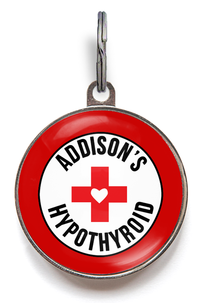 Addison’s hypothyroid dog tag with red medical cross design, personalised medical ID tag for dogs